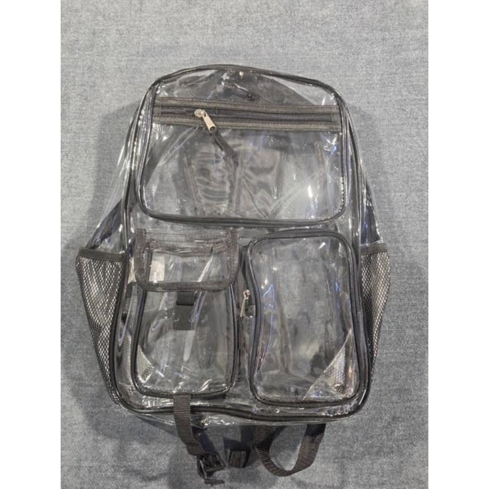 Clear PVC Stadium Backpack Black Trim Multi Pocket Transparent Daypack